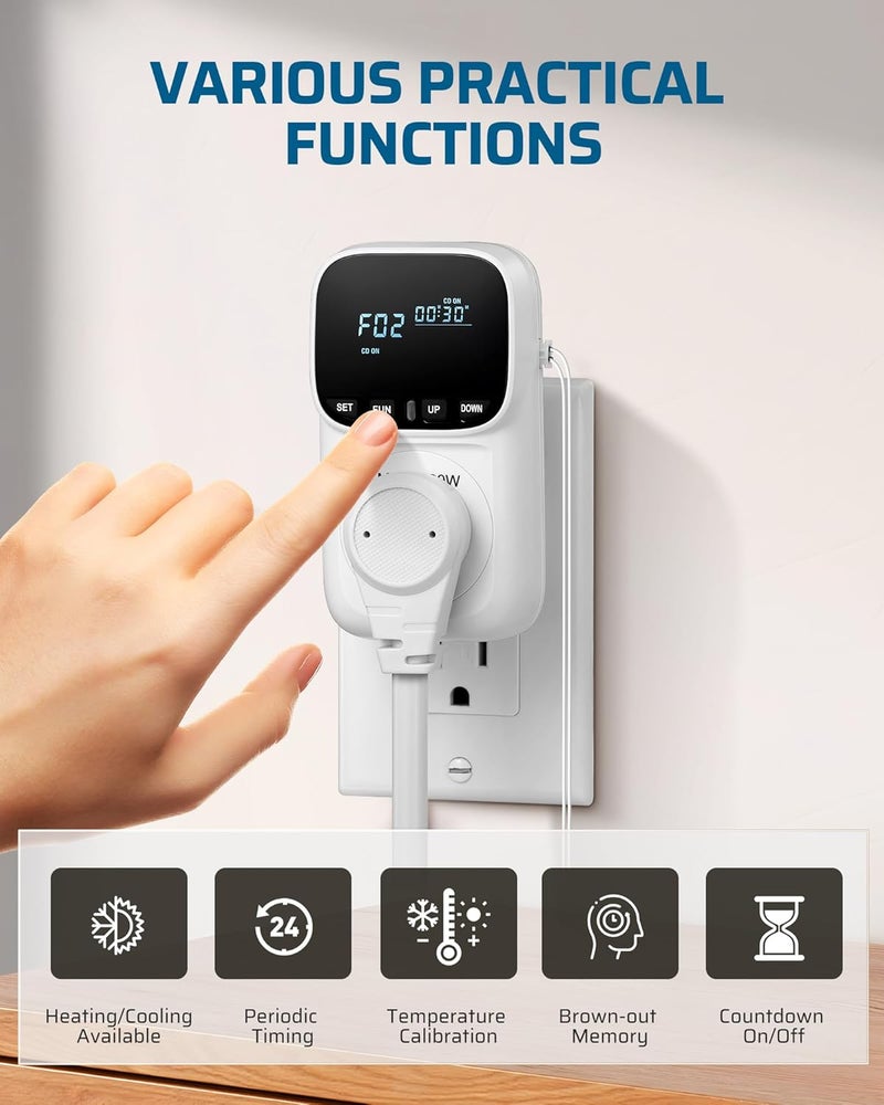 DEWENWILS Digital Temperature Controller, Heavy Duty 15A/1800W Thermostat Outlet Plug, VA Display Heating Cooling Control Timer, -40℉~210℉, Cyclic Timing/Countdown, for Greenhouse Incubator Homebrew - Image 4